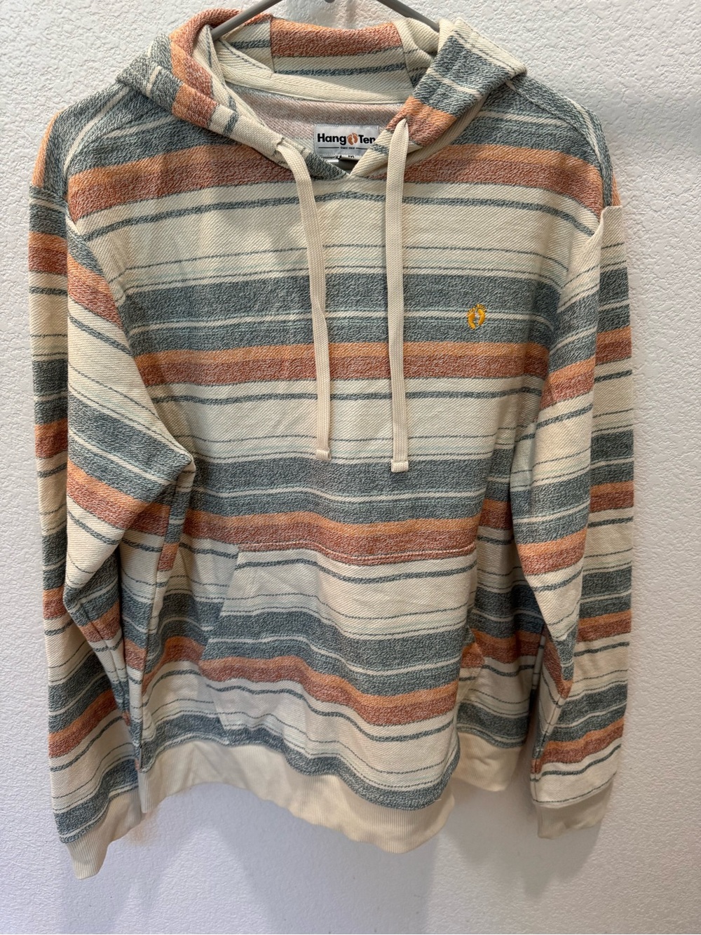 Hang Ten Cream Hoodie with Blue-Gray and Rust Stripes